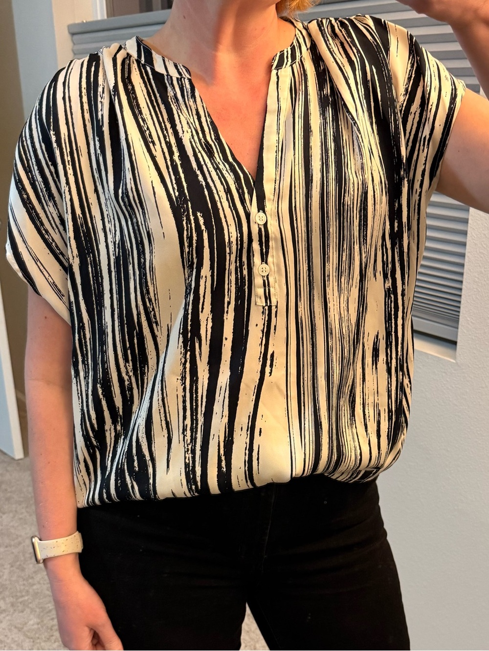 Banana Republic Navy and White Striped V-Neck Blouse